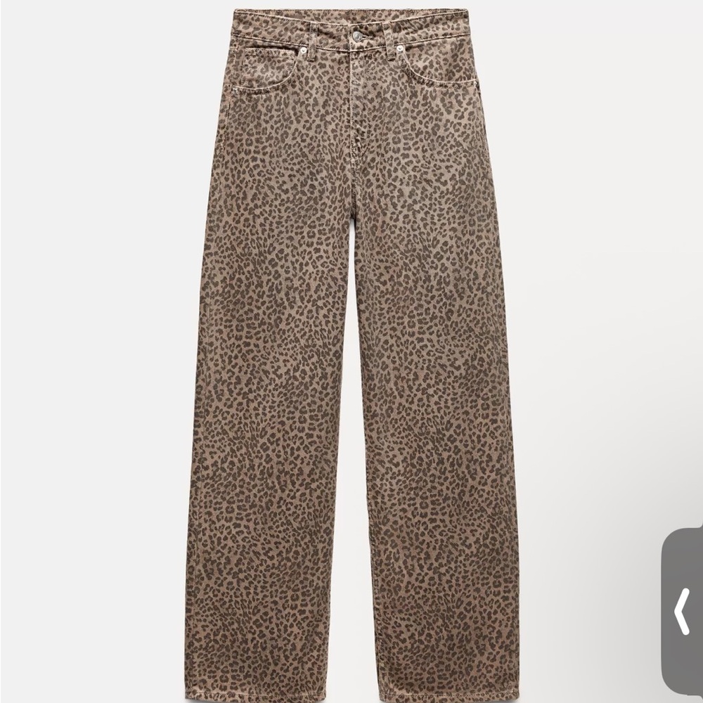 Zara High-Rise Wide-Leg Leopard Print Jeans - Brown/Tan